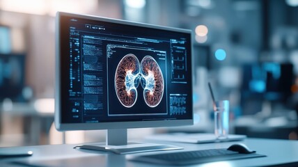 Holographic model of kidneys on futuristic medical interface.