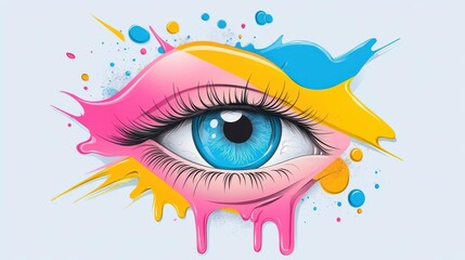Vibrant closeup of a human eye adorned with colorful paint and ink splashes, blending art and nature in a modern style.