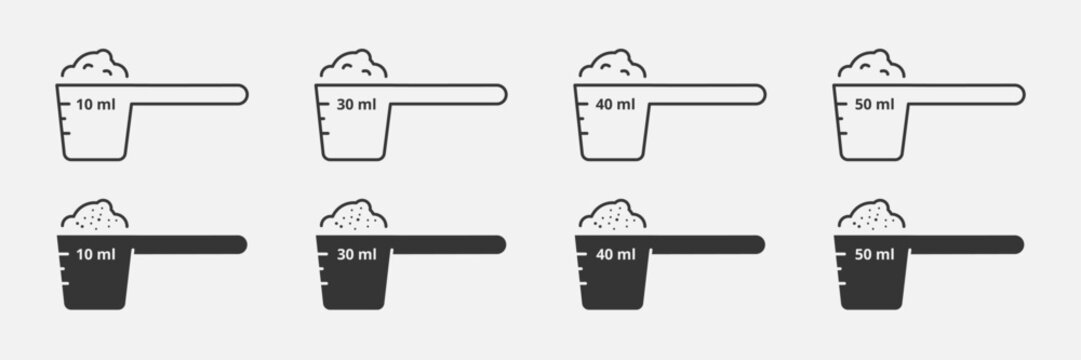 Measure cups or spoon line icon and glyph set. Prepare medicine, food, drink. Dosing ingredient, recipe