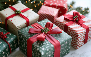 Festively wrapped Christmas presents in red, green, and white arranged on a white background for holiday celebrations