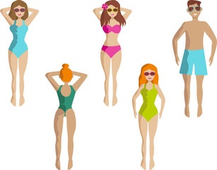 Summer vacation characters set with young women and man dressed in the swimsuits vector