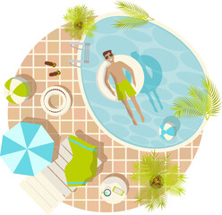Summer vacation round illustration with a guy in a swimming pool dressed in a swimsuit and sunglasses vector