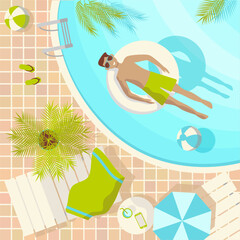 Summer vacation square illustration with a guy in a swimming pool dressed in a swimsuit and sunglasses