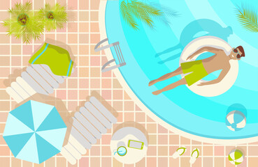Summer vacation rectangular illustration with a guy in a swimming pool dressed in a swimsuit and sunglasses