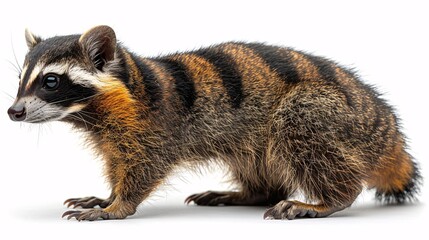 Fototapeta premium A detailed side view image of a small cute furry raccoon, showcasing its distinctive stripes isolated against a white background.