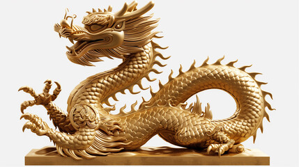 Fototapeta premium Chinese golden dragon isolated on white with clipping path.Golden traditional chinese dragon isolated on white background. Feng Shui statuette.