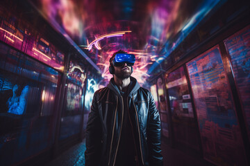 A man experiences virtual reality in a vibrant, immersive environment at night
