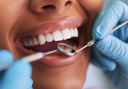 Close-up of a woman smiling during a dental cleaning procedure in a clinic