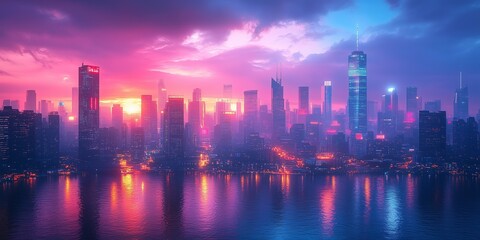 Fototapeta premium Futuristic Cyberpunk Cityscape at Night with Neon Lights, generative ai