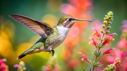 Fototapeta premium Colorful humming bird are flying near flowers and pecking at water droplets falling from beautiful wild flowers pollen. 