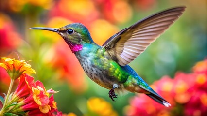 Fototapeta premium Ultra hd macro Colorful humming bird are flying near flowers and pecking at water droplets falling from beautiful wild flowers pollen. 