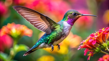 Fototapeta premium Ultra hd macro Colorful humming bird are flying near flowers and pecking at water droplets falling from beautiful wild flowers pollen. 