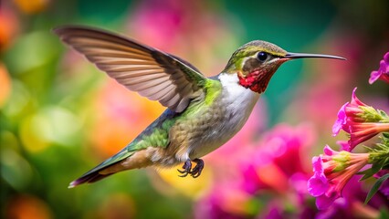 Fototapeta premium Ultra hd macro Colorful humming bird are flying near flowers and pecking at water droplets falling from beautiful wild flowers pollen. 