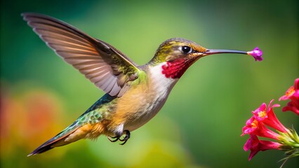 Fototapeta premium Ultra hd macro Colorful humming bird are flying near flowers and pecking at water droplets falling from beautiful wild flowers pollen. 