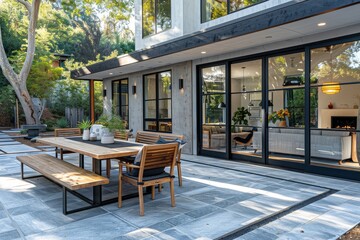 Fototapeta premium Modern farmhouse patio with grey stone pavers, black windows, wood furniture, teak dining table, bench seating, sliding glass doors to living room, neutral color scheme, natural lighting.