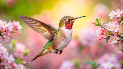 Fototapeta premium Ultra hd macro Colorful humming bird are flying near flowers and pecking at water droplets falling from beautiful wild flowers pollen. 