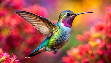 Obraz premium Ultra hd macro Colorful humming bird are flying near flowers and pecking at water droplets falling from beautiful wild flowers pollen. 