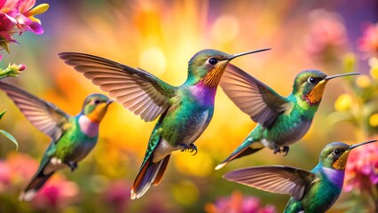 Fototapeta premium Ultra hd macro Colorful humming bird are flying near flowers and pecking at water droplets falling from beautiful wild flowers pollen. 