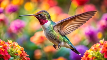 Fototapeta premium Ultra hd macro Colorful humming bird are flying near flowers and pecking at water droplets falling from beautiful wild flowers pollen. 