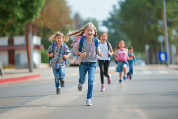 Cheerful children running joyfully on the pathway to school during a sunny morning