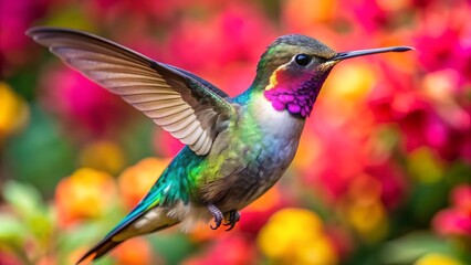 Fototapeta premium Ultra hd macro Colorful humming bird are flying near flowers and pecking at water droplets falling from beautiful wild flowers pollen. 