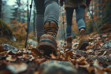 Adventurers Trekking Through Autumn Trails in the Forest