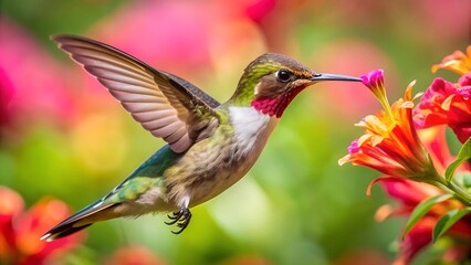 Fototapeta premium Ultra hd macro Colorful humming bird are flying near flowers and pecking at water droplets falling from beautiful wild flowers pollen. 