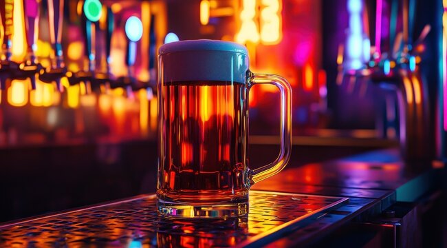 Une pinte de bi&egrave;re avec de la mousse sur le comptoir d'un bar sur fond de bo&icirc;te de nuit &eacute;clair&eacute;e au n&eacute;on.