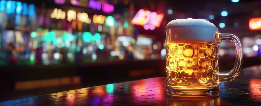 Une pinte de bi&egrave;re blonde sur le comptoir d'un bar sur fond de bo&icirc;te de nuit &eacute;clair&eacute;e au n&eacute;on.