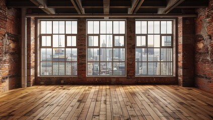 Fototapeta premium Une pièce vide avec un mur en briques et un sol en bois et des grandes fenêtres avec vue sur la ville.