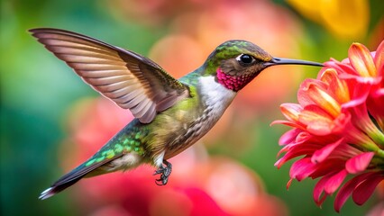 Fototapeta premium Ultra hd macro Colorful humming bird are flying near flowers and pecking at water droplets falling from beautiful wild flowers pollen. 