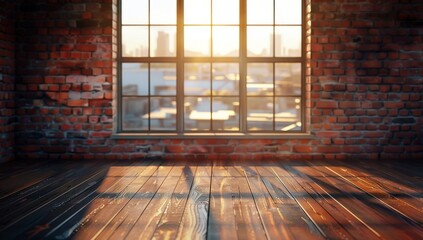 Une grande pièce vide avec un sol en bois et un mur en briques avec des fenêtres avec vue sur le paysage urbain. L'intérieur est éclairé par la lumière naturelle créant une atmosphère de tranquillité.
