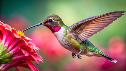 Fototapeta premium Ultra hd macro Colorful humming bird are flying near flowers and pecking at water droplets falling from beautiful wild flowers pollen. 