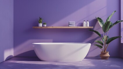 Fototapeta premium Salle de bain minimaliste moderne avec une baignoire autoportante et une étagère en bois sur un mur violet, concept de décoration d'intérieur.