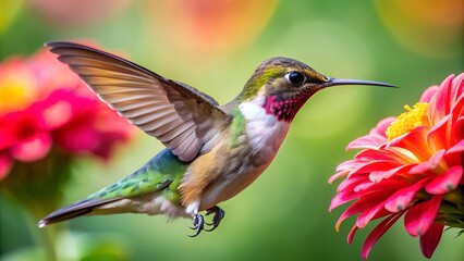 Fototapeta premium Ultra hd macro Colorful humming bird are flying near flowers and pecking at water droplets falling from beautiful wild flowers pollen. 