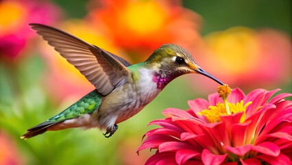 Fototapeta premium Ultra hd macro Colorful humming bird are flying near flowers and pecking at water droplets falling from beautiful wild flowers pollen. 