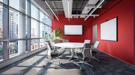 Une salle de réunion moderne aux couleurs rouge et blanc avec un grand écran au mur et des fenêtres en verre avec vue du paysage urbain.