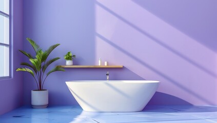 Salle de bain minimaliste moderne avec une baignoire autoportante et une étagère en bois sur un mur violet, concept de décoration d'intérieur.