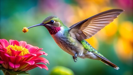 Fototapeta premium Ultra hd macro Colorful humming bird are flying near flowers and pecking at water droplets falling from beautiful wild flowers pollen. 