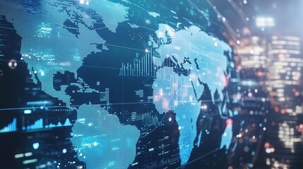 Global Business Growth Analysis and Asset Investment Chart: Holographic Economic Trend with Up Arrow, Featuring Financial Graphs and Virtual Screen Analysis