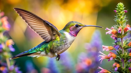 Fototapeta premium Ultra hd macro Colorful humming bird are flying near flowers and pecking at water droplets falling from beautiful wild flowers pollen. 
