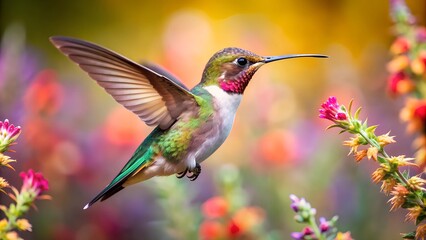 Obraz premium Ultra hd macro Colorful humming bird are flying near flowers and pecking at water droplets falling from beautiful wild flowers pollen. 