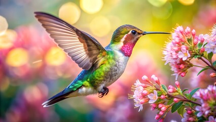 Fototapeta premium Ultra hd macro Colorful humming bird are flying near flowers and pecking at water droplets falling from beautiful wild flowers pollen. 