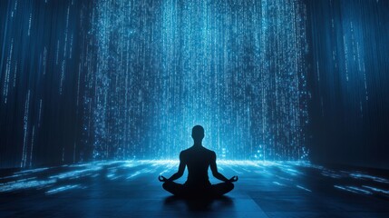 Obraz premium Silhouette of a Person Meditating in Front of a Blue Digital Rain