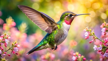 Ultra hd macro Colorful humming bird are flying near flowers and pecking at water droplets falling from beautiful wild flowers pollen.
