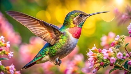Fototapeta premium Ultra hd macro Colorful humming bird are flying near flowers and pecking at water droplets falling from beautiful wild flowers pollen. 