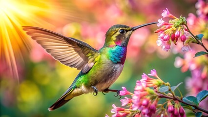 Fototapeta premium Ultra hd macro Colorful humming bird are flying near flowers and pecking at water droplets falling from beautiful wild flowers pollen. 