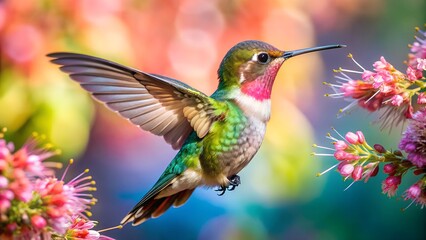 Fototapeta premium Ultra hd macro Colorful humming bird are flying near flowers and pecking at water droplets falling from beautiful wild flowers pollen. 