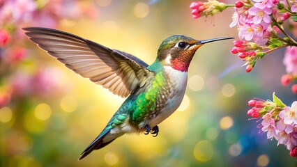 Fototapeta premium Ultra hd macro Colorful humming bird are flying near flowers and pecking at water droplets falling from beautiful wild flowers pollen. 