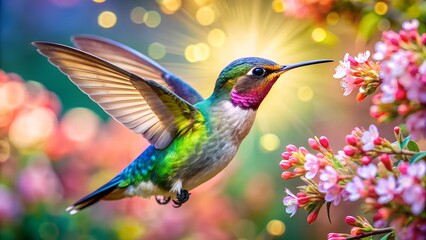 Fototapeta premium Ultra hd macro Colorful humming bird are flying near flowers and pecking at water droplets falling from beautiful wild flowers pollen. 